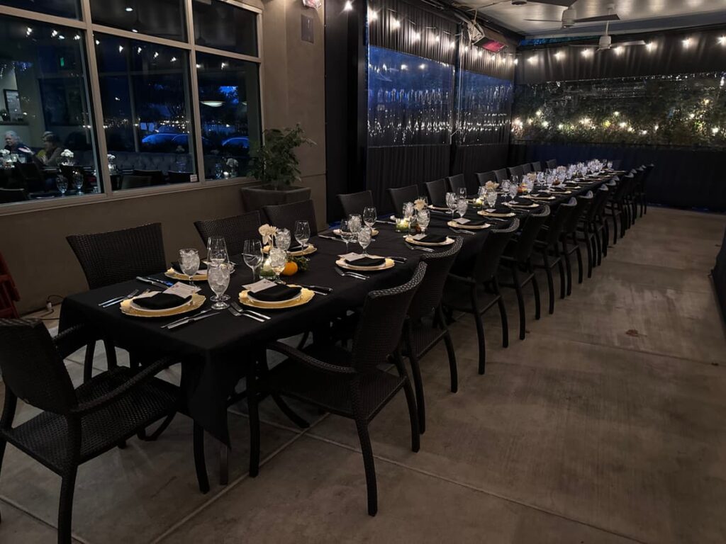 Mezzo - Outdoor dining setup for an event angled